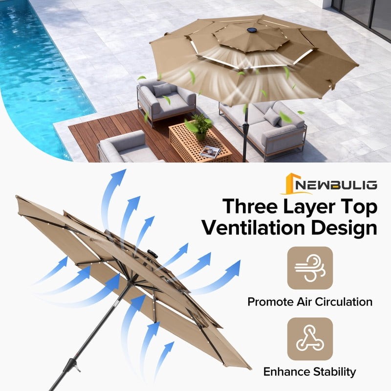 10 FT 3-Layer Solar Patio Umbrella, 32 LED Lights Market Umbrella