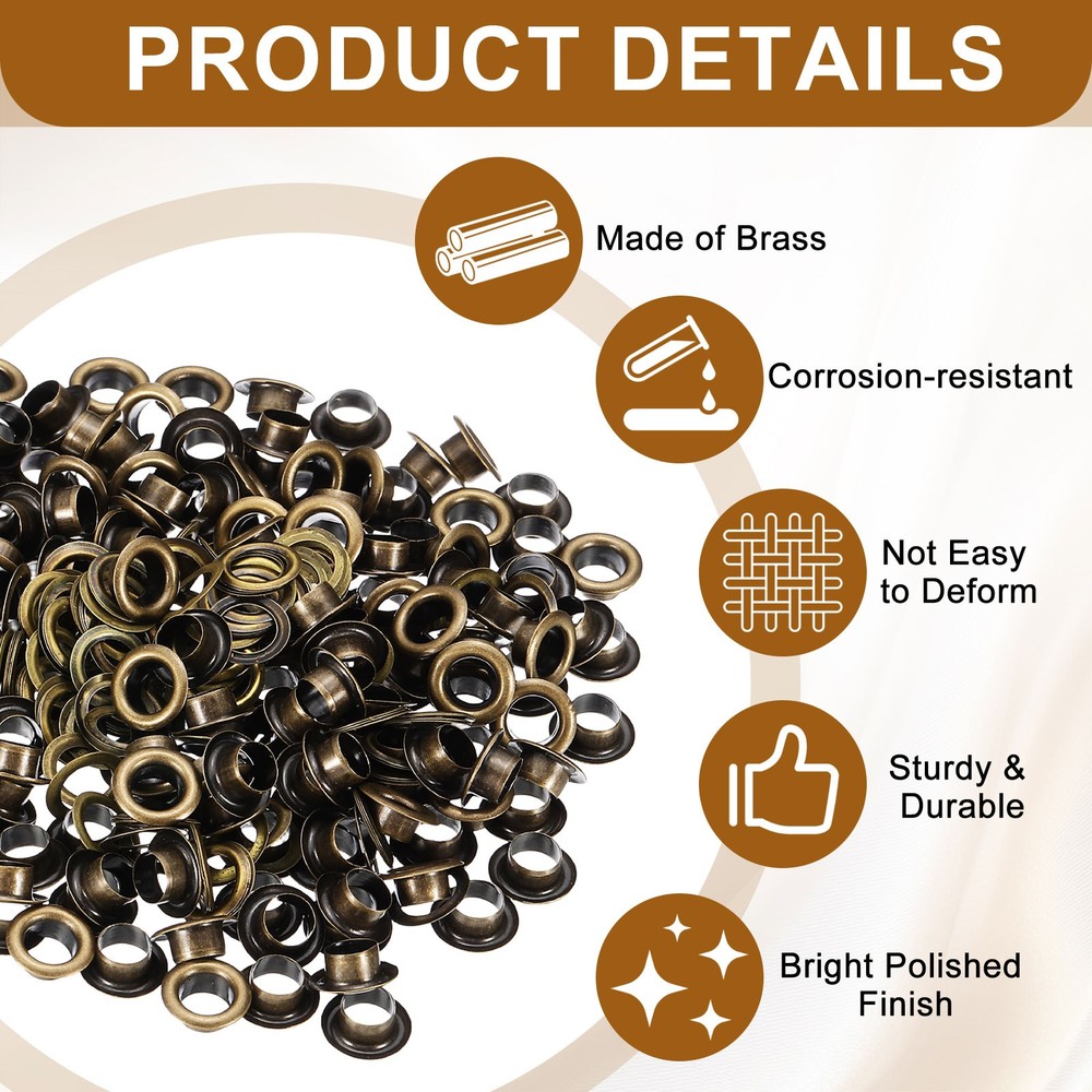 100 Sets Grommets Eyelets, 5mm Brass Self Backing Eyelets, Bronze