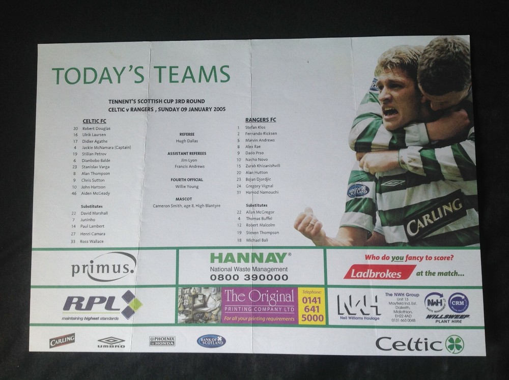 2004/5 Celtic v Rangers Scottish Cup teamsheet