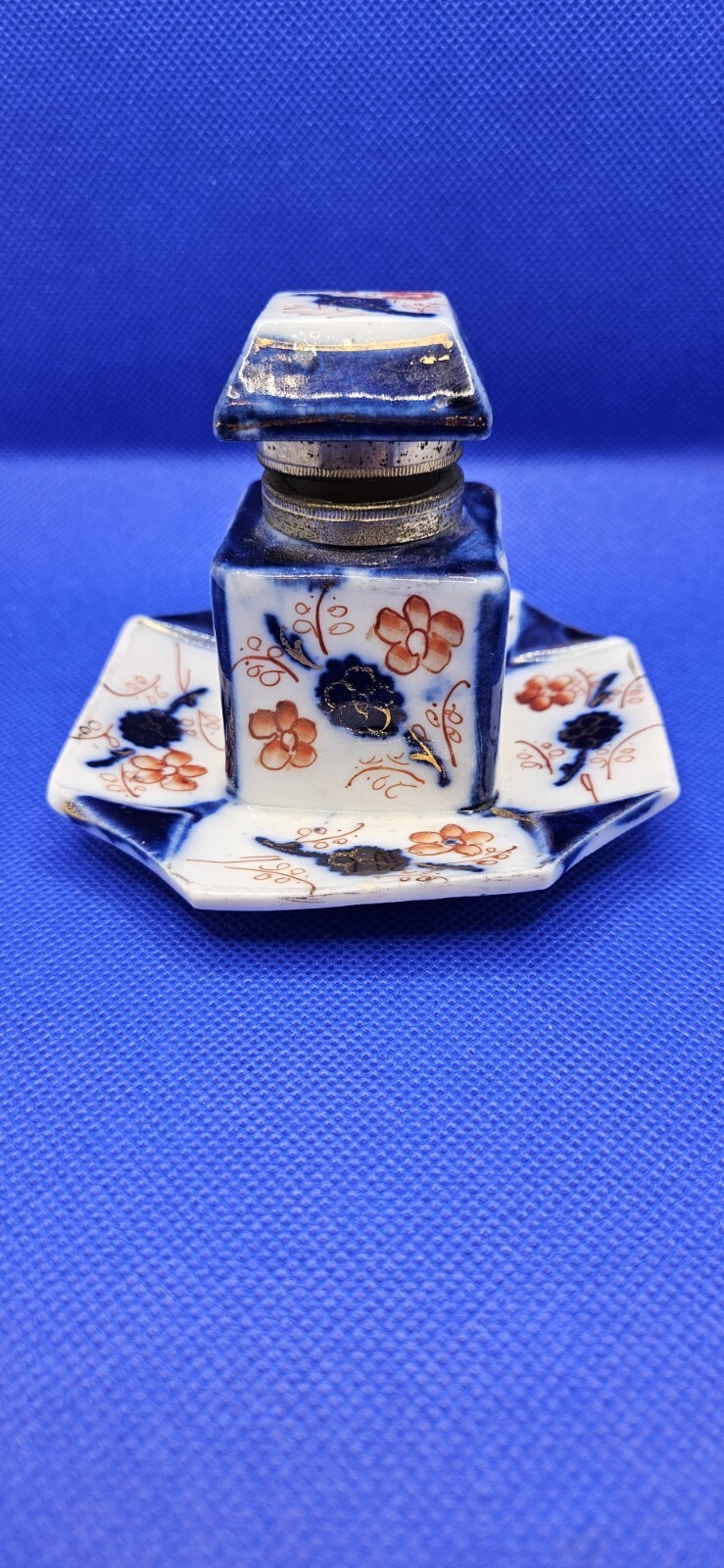 Imari Inkwell Japanese Porcelain Lidded Victorian Cherry Blossom Antique