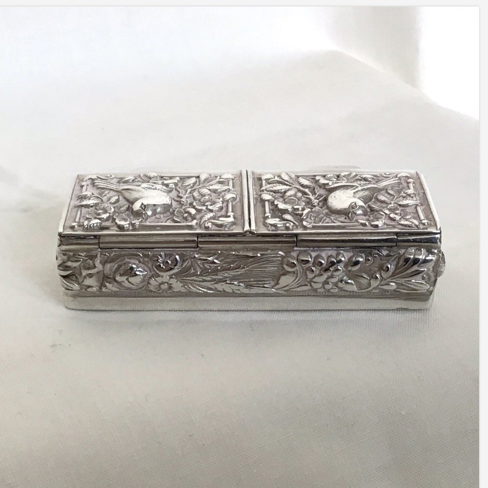 Solid Silver 925 Antique Little Blush Box, Hinged Lid & Two Compartments