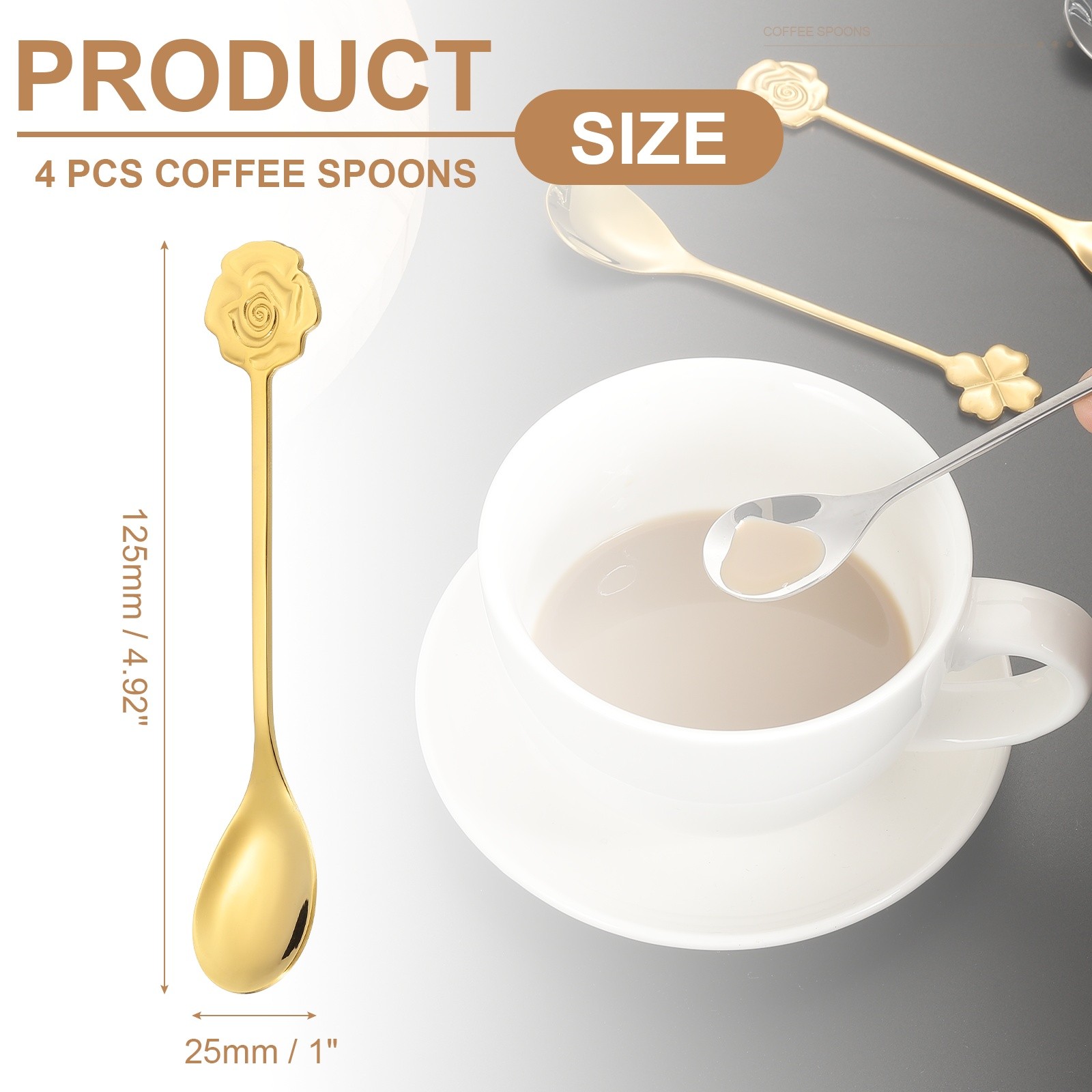4pcs Coffee Spoons, Rose Tea Spoons Stainless Steel, Gold