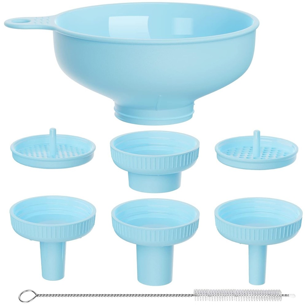 Heat-Resistant Kitchen Funnel with 5 Interchangeable Spouts & Strainers – Blue
