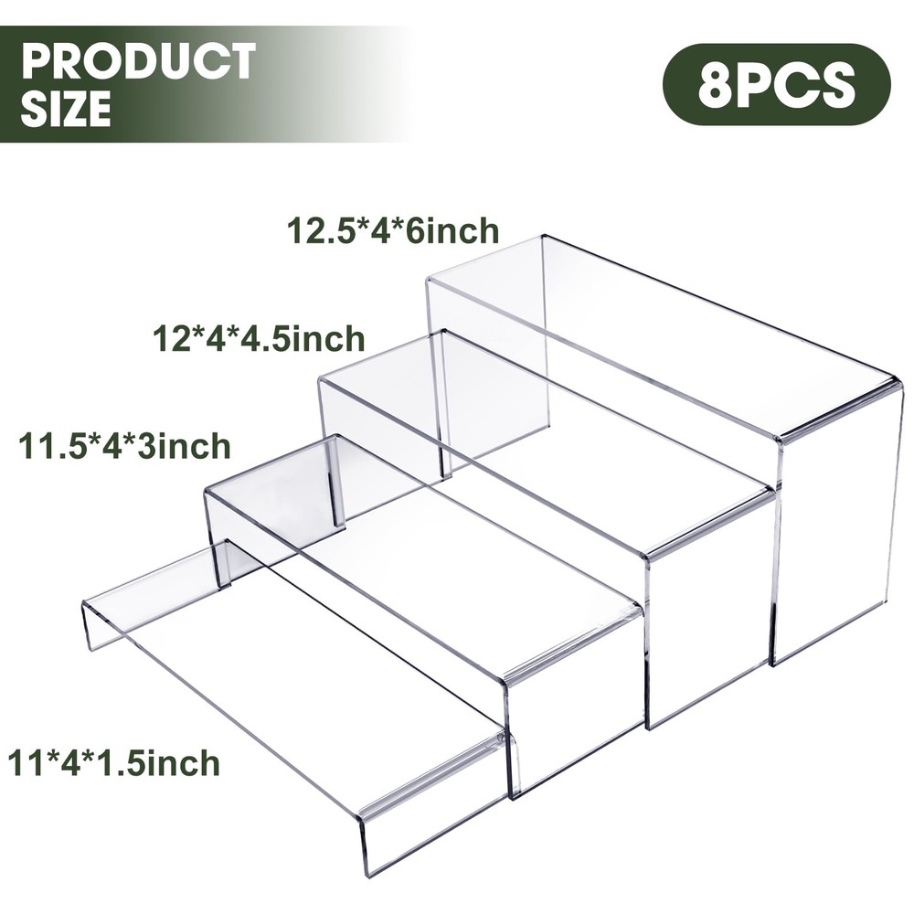8 Pcs Large Acrylic Display Riser 4 Sizes(11”L~12”L) Clear Rectangular Acryli...
