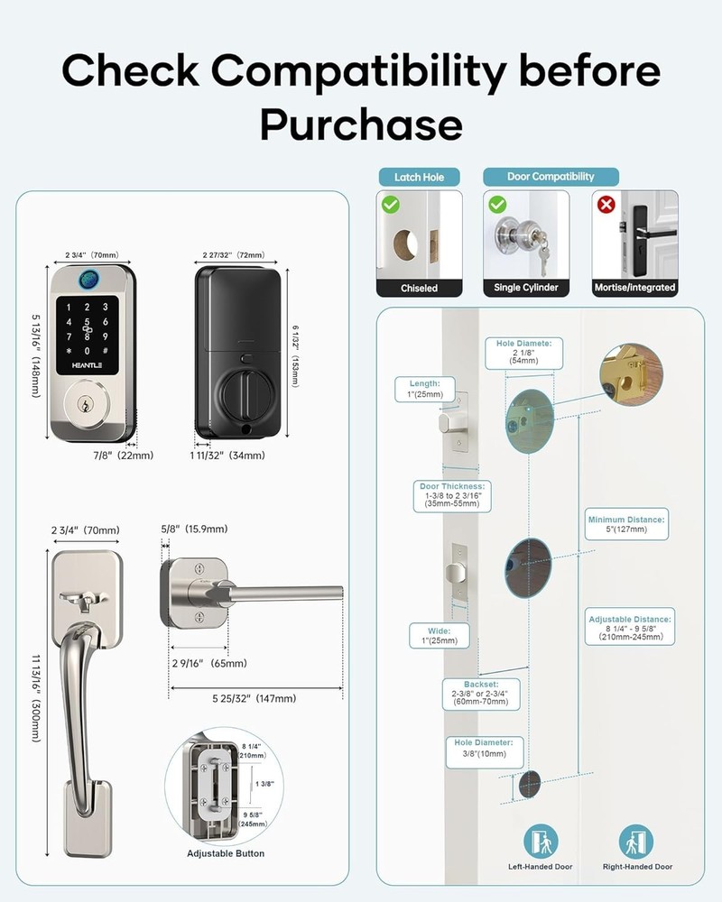 WiFi Front Door Lock Set with Handle Keyless Entry Digital Keypad Smart Deadbolt