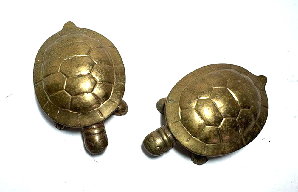 Two Vintage Brass Turtle Containers with Hinged Shell Lid Trinket Boxes
