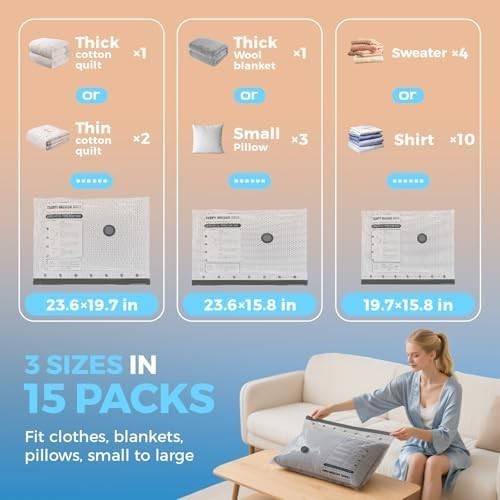 15 Pack Travel Vacuum Bags with Rechargeable Wireless Pump, Clothing Seal Org...