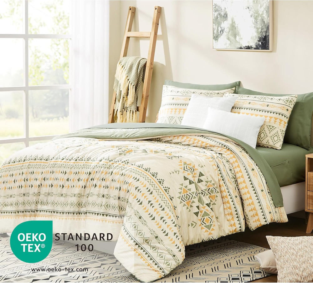 Queen Comforter Set - 7 Pieces Reversible Bedding Set, Boho Bed in a Bag, Lightw