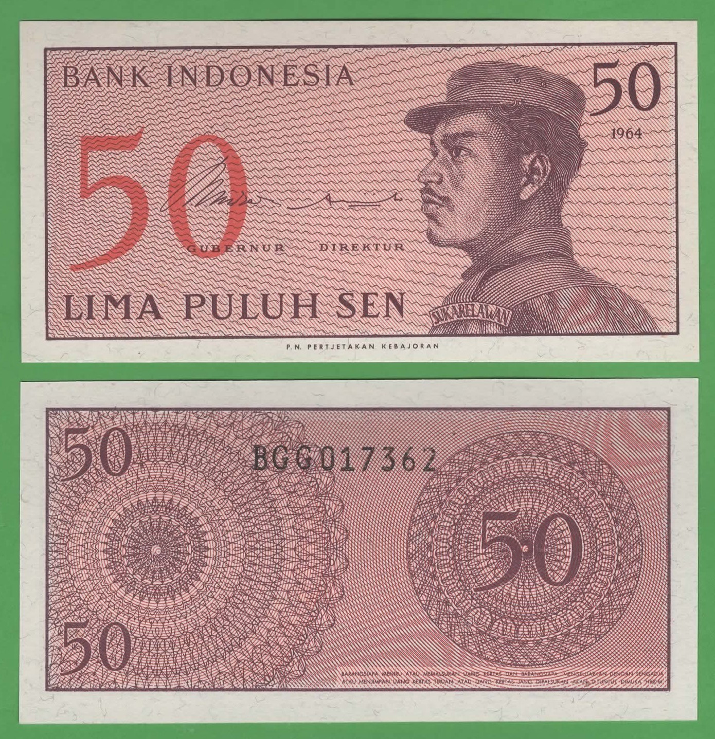 Indonesia 50 Sen UNC • 1964 • P‑94 • Volunteer Man in Uniform • First Rupiah