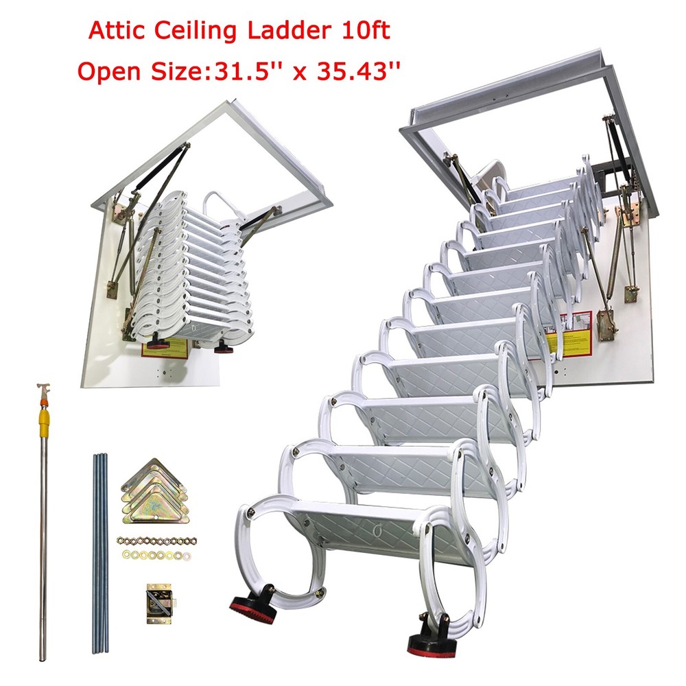 Attic Ceiling Ladder 10ft White Ceiling Mounted Folding Stairs Pull Down Ladder