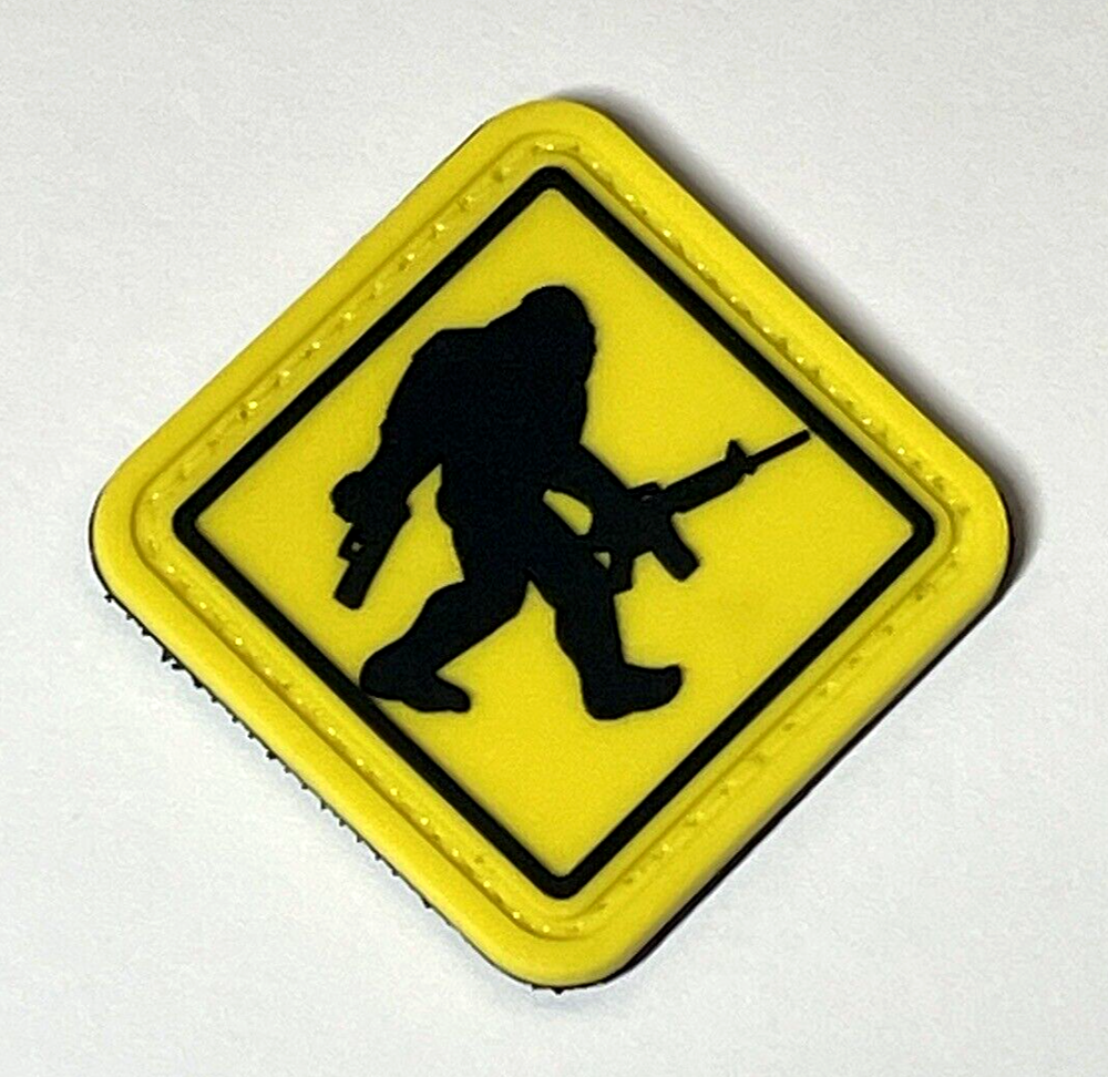 Sasquatch Bigfoot Gun Crossing Sign PVC Patch, Morale Squatch Tactical Patch