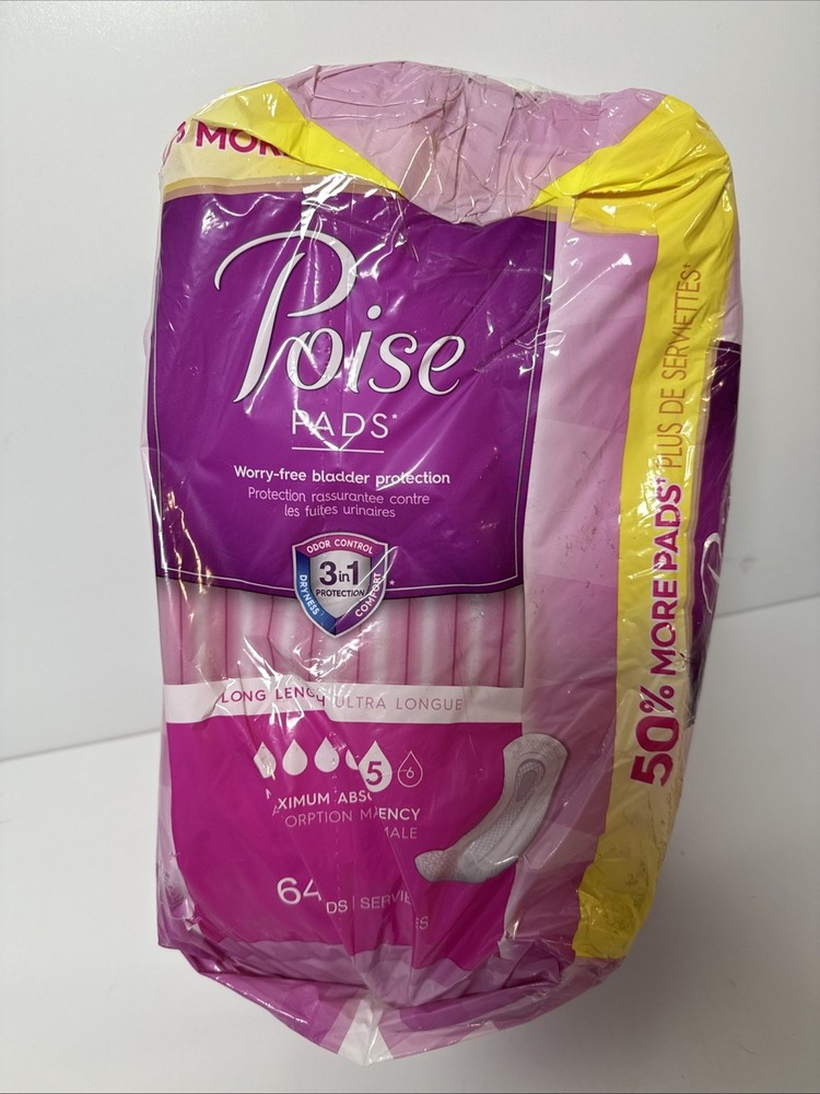 Poise Maximum Absorbency Long Length Pads, 64 Count – New Package