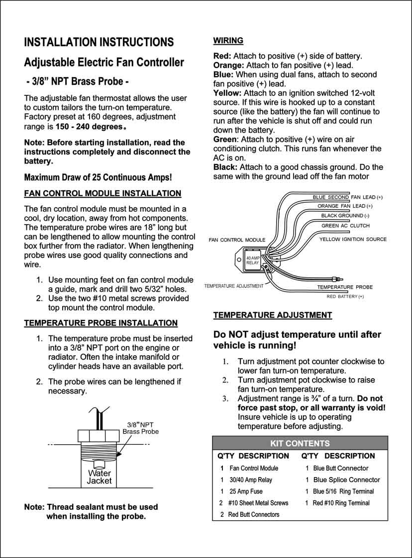 NEW Adjustable Electrical Cooling Fan Controller Kit Thread-in Probe with Relay