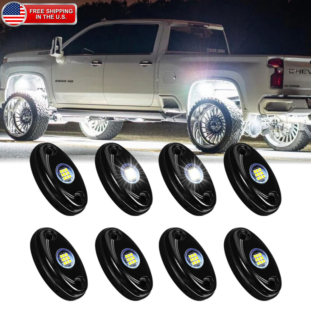 8 X LED Rock Lights White Underbody Trail Rig Glow Lamp Offroad SUV Pickup Truck