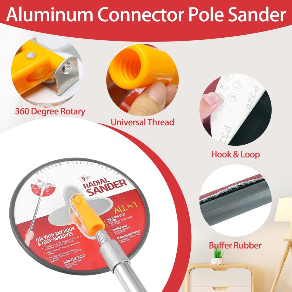 Drywall Sander Pole, 9 Inch Wall & Ceiling Pole Sander with 360° Rotating Hea...