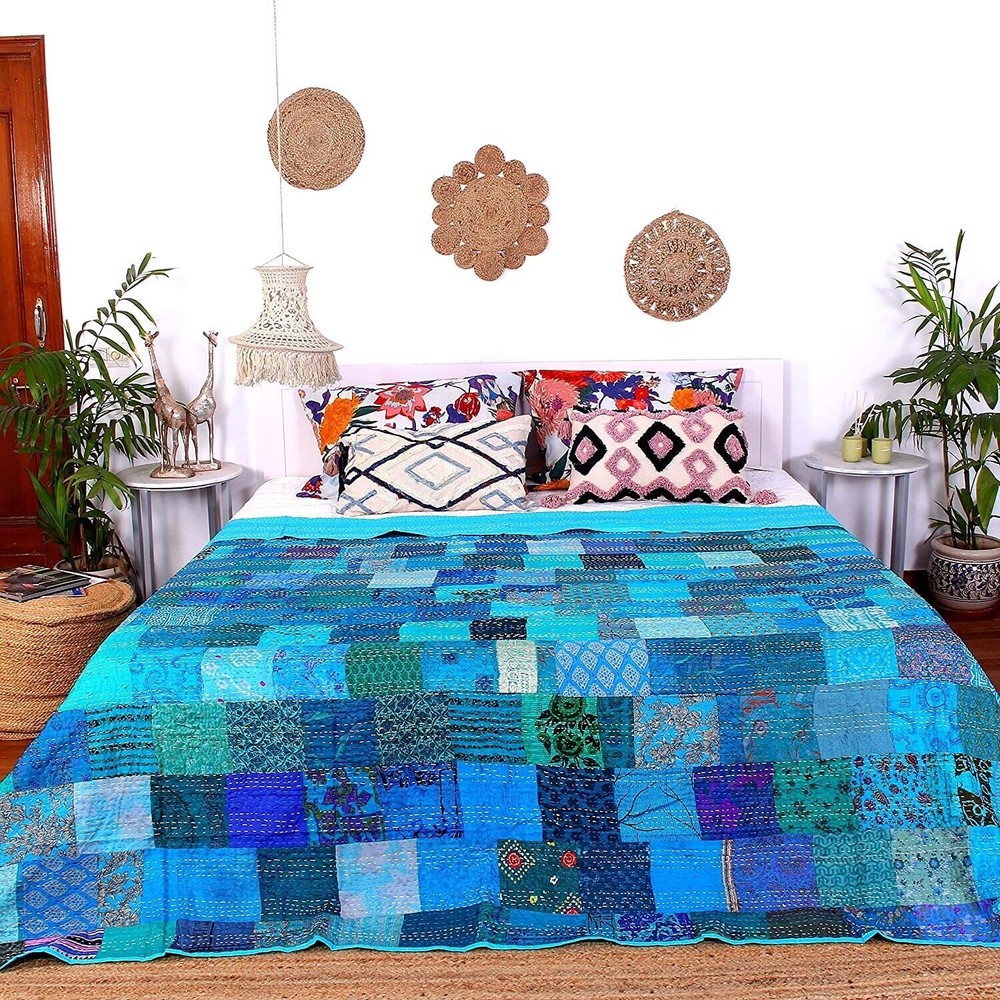 Handmade Indian Patchwork kantha Quilt King Throw Blanket Bed Cover