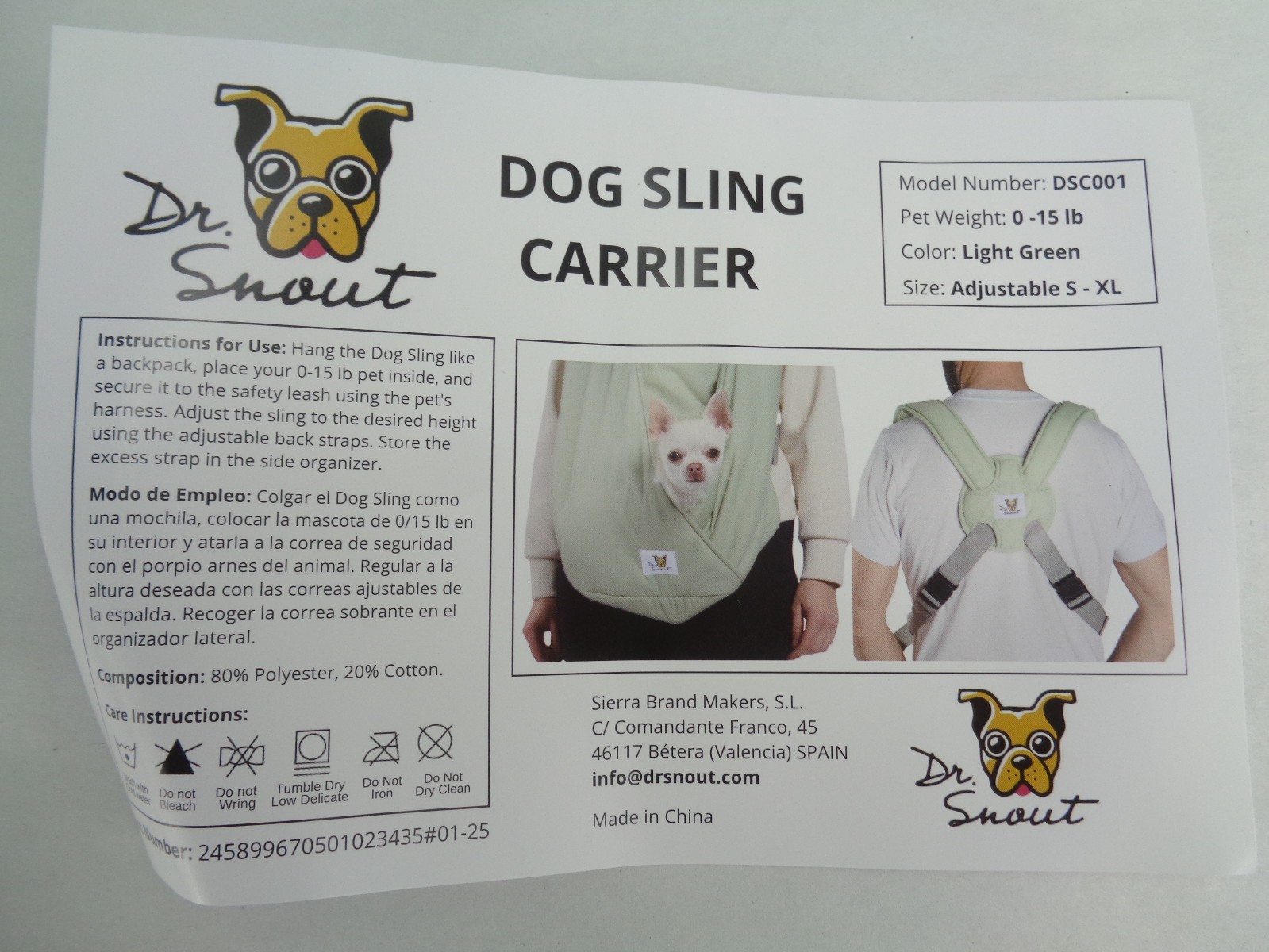 Dr. Snout Dog Sling Carrier Light Green 0-15 lb DSC001 Adjustable Front Pouch