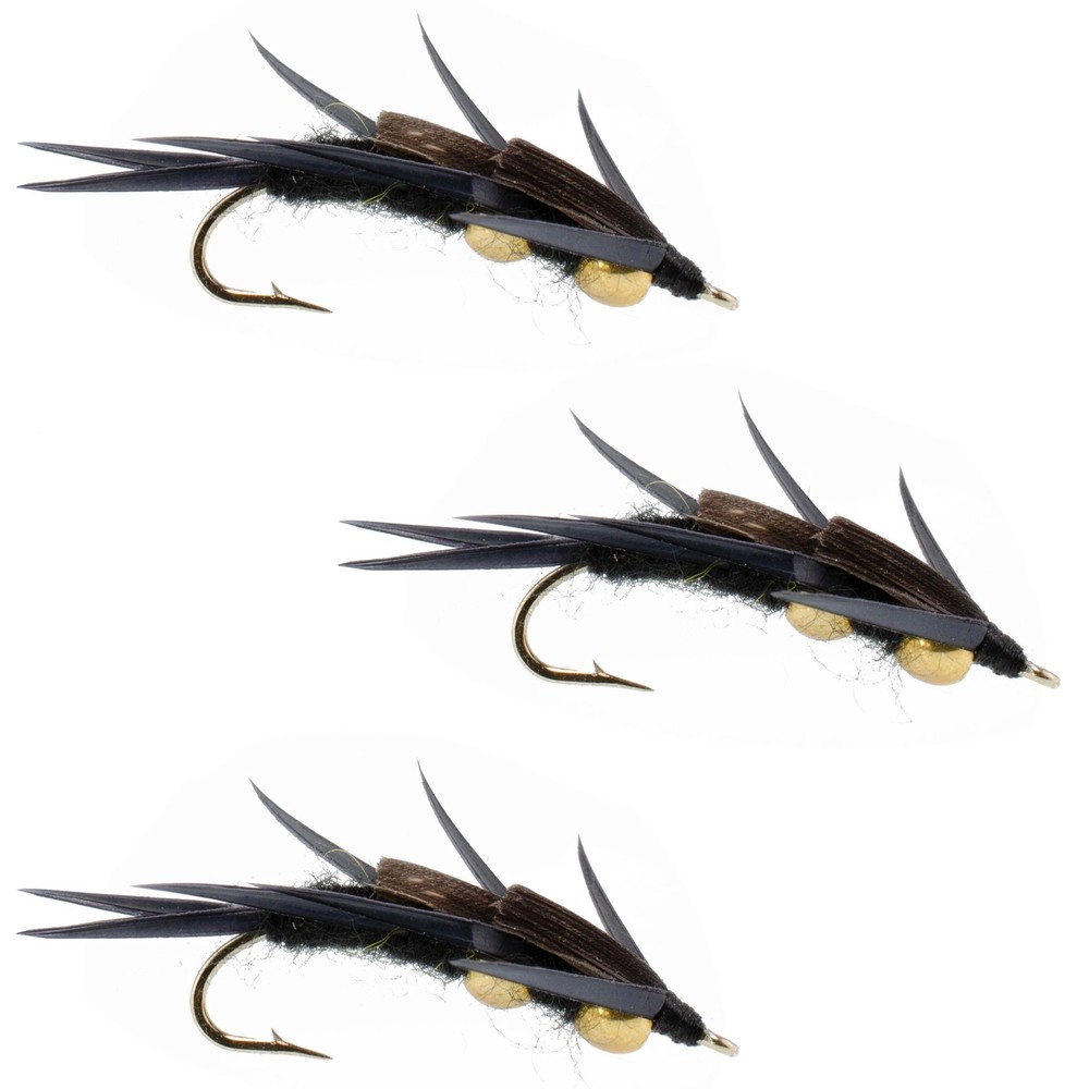 3 Pack Double Bead Black Stone Fly Black Biot Legs - Hook Size 10