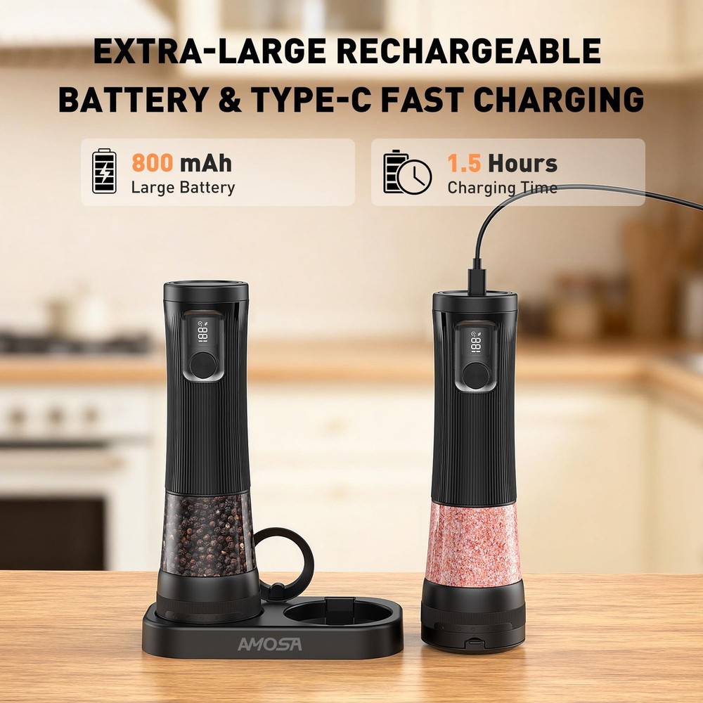Salt and Pepper Grinder Set, Upgrade 2-Speed Setting, External 5 Adjustable C...