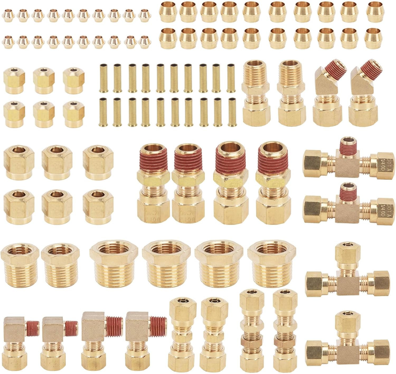 100Pcs Brass DOT Air Brake Line Fittings Kit, 1/4" 3/8" 1/2" Compression Air Nyl