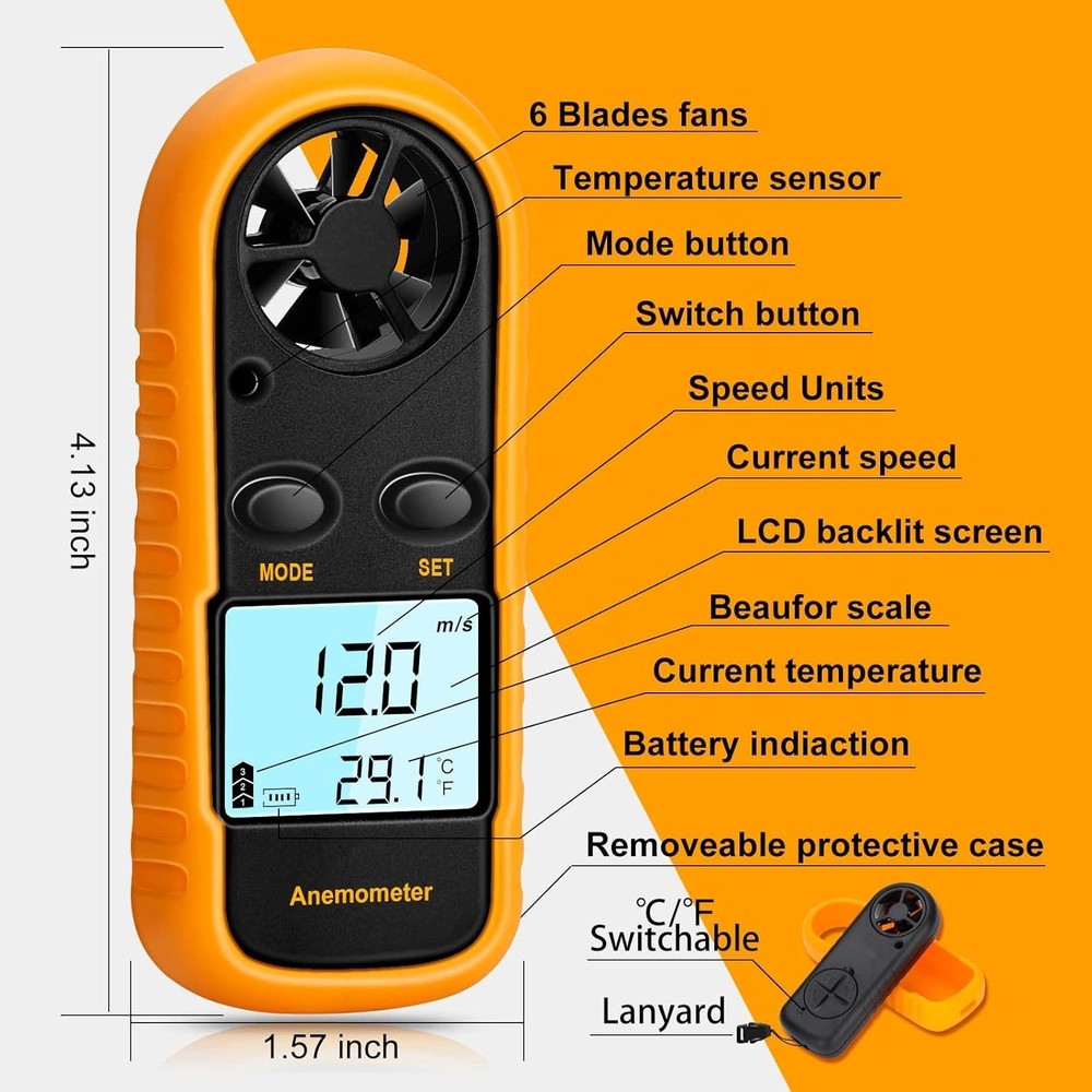 Lightweight Multi-Function Wind Speed and Temperature Gauge - Outdoor Essential