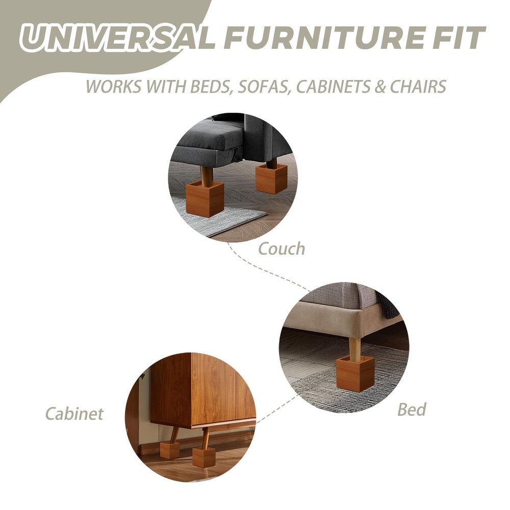 4-Inch Solid Pine Furniture Risers – 2000LBS Capacity, Tool-Free Install, Nat...