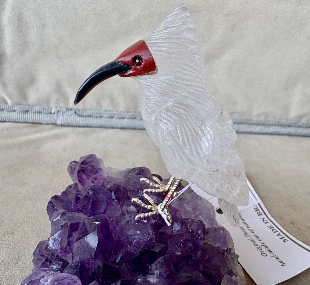 Quartz Crystal Ibis on Amethyst 3 1/2" -Peter Muller