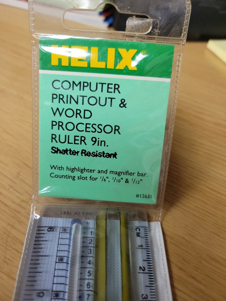 HELIX 9" Computer Printout & Word Processor Ruler w Highlighter & Magnification