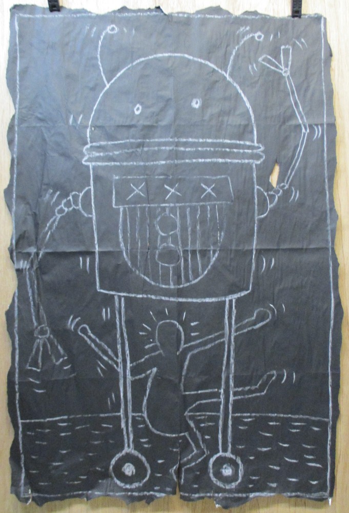 SUBWAY DRAWING chalk on black paper rolly robot dancing guy Pop Art KEITH HARING