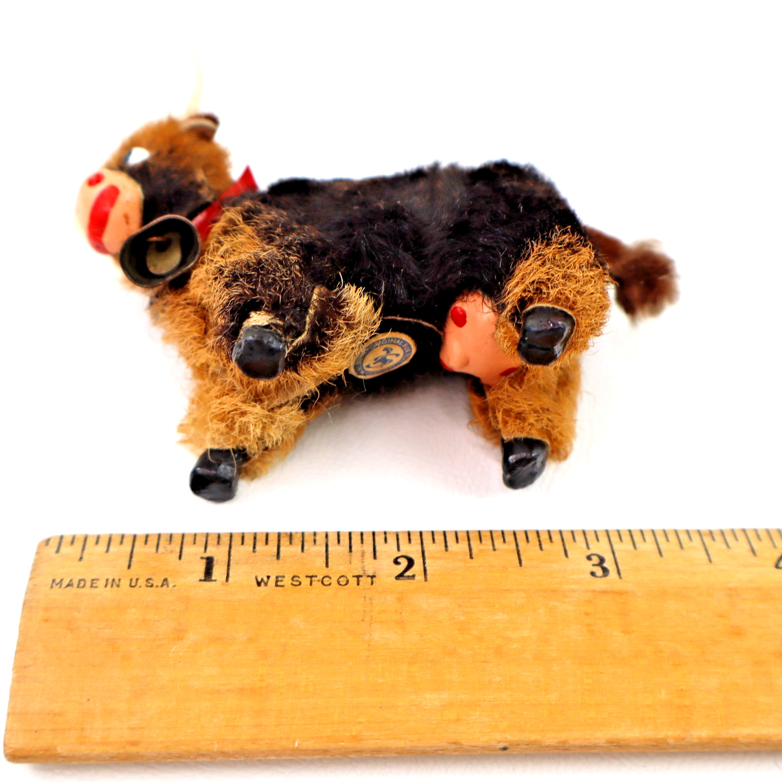 vintage Original Fur Toys miniature Cow Bull figure w/ tags bell W. Germany 3"