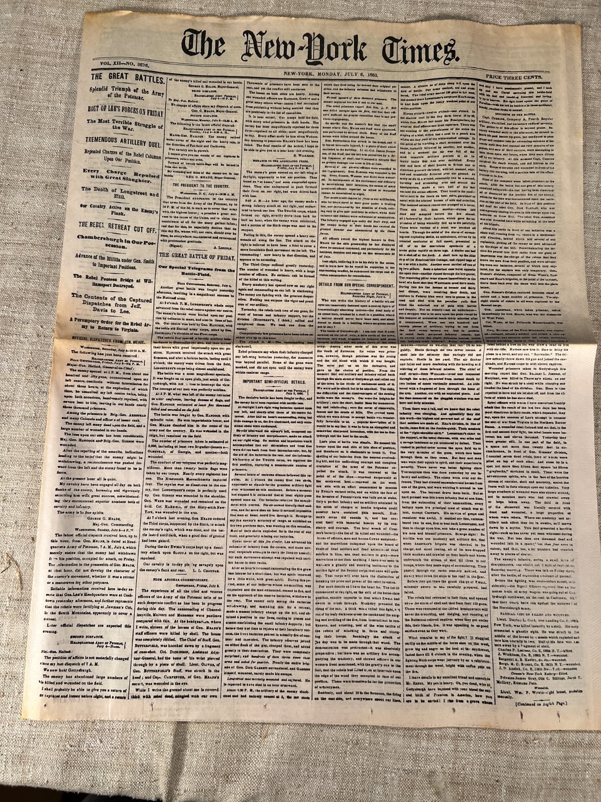 Lot of 5 NEW YORK TIMES 1861-1865 Major events in Civil War, Reprod. of original