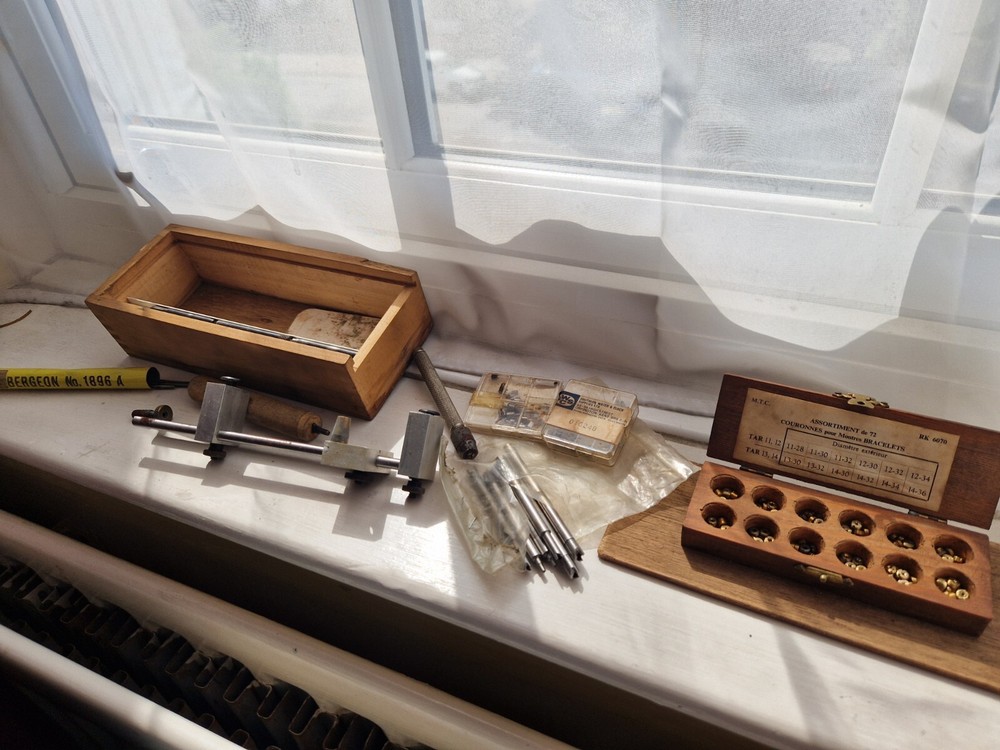 clock repair bushing tool Clockmaker tool set SUPERB incl extra bits + bushes