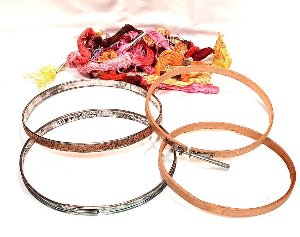 Vintage Embroidery Hoops with Thread - E