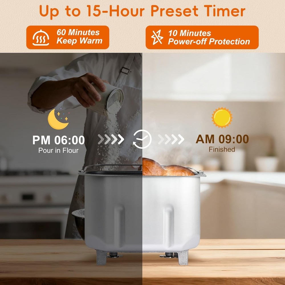 Davivy Bread Maker 3LB 15-in-1 Automatic Bread Machine w/ Silicone Baking Gloves