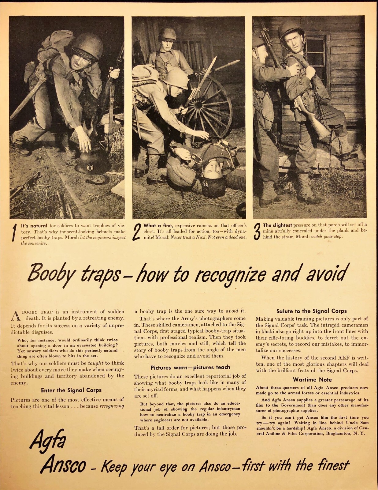 1943 Agfa Ansco Film Booby Traps How To Avoid Them WWII Vintage Print Ad