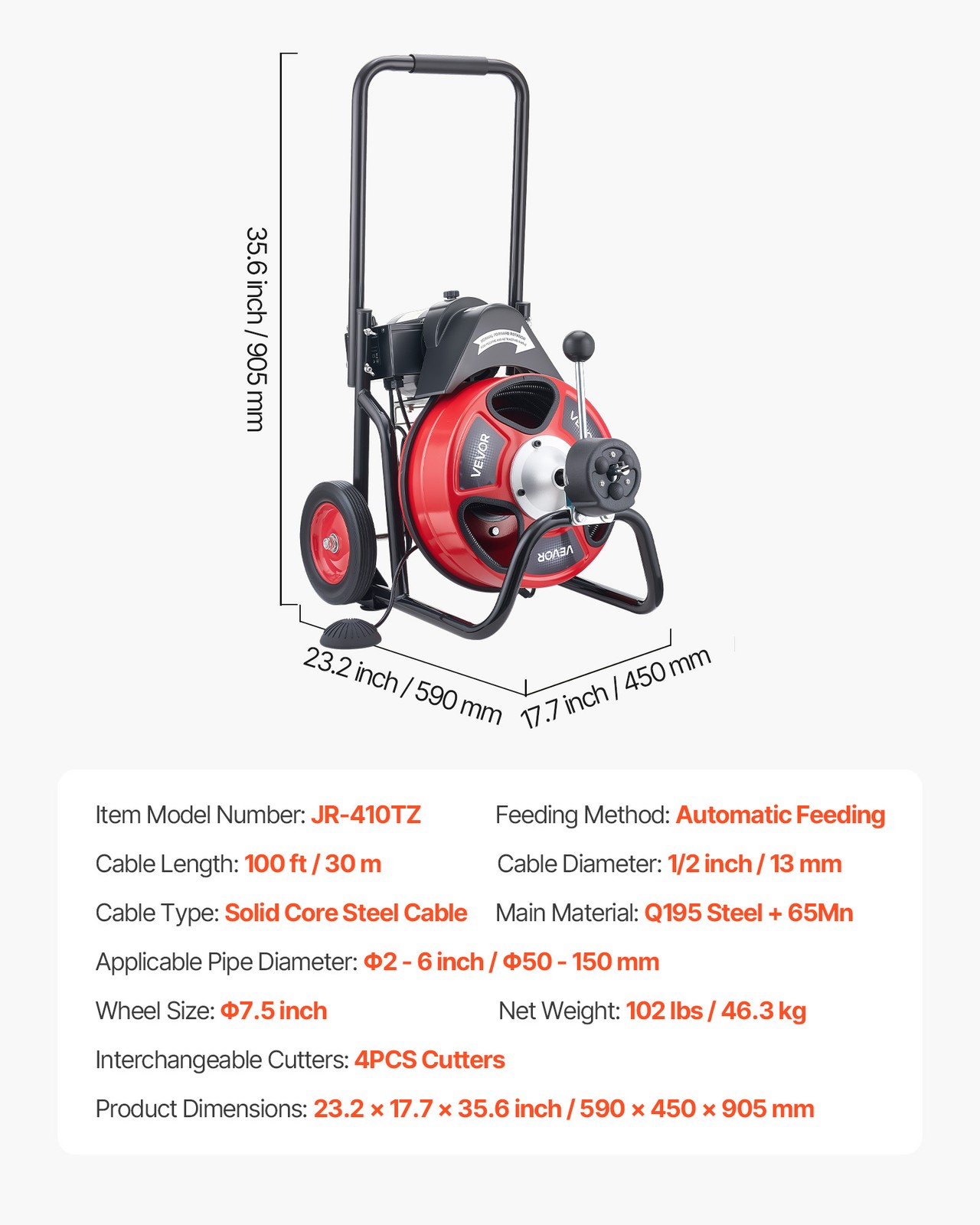 VEVOR Drain Cleaner Machine Electric Drain Auger 100 FT x 1/2 In Auto Feed