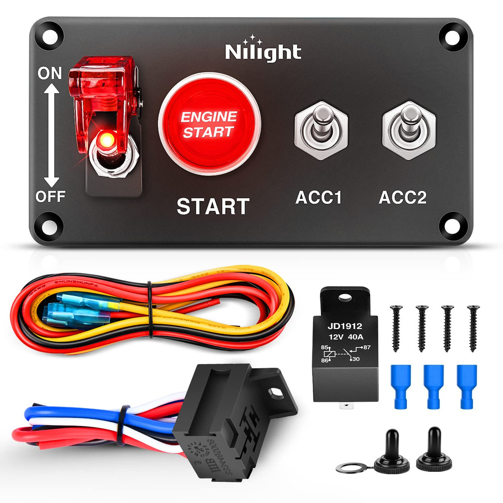 Nilight Ignition Switch Panel 12V 4 in 1 Rocker Switch with Engine Push Button T