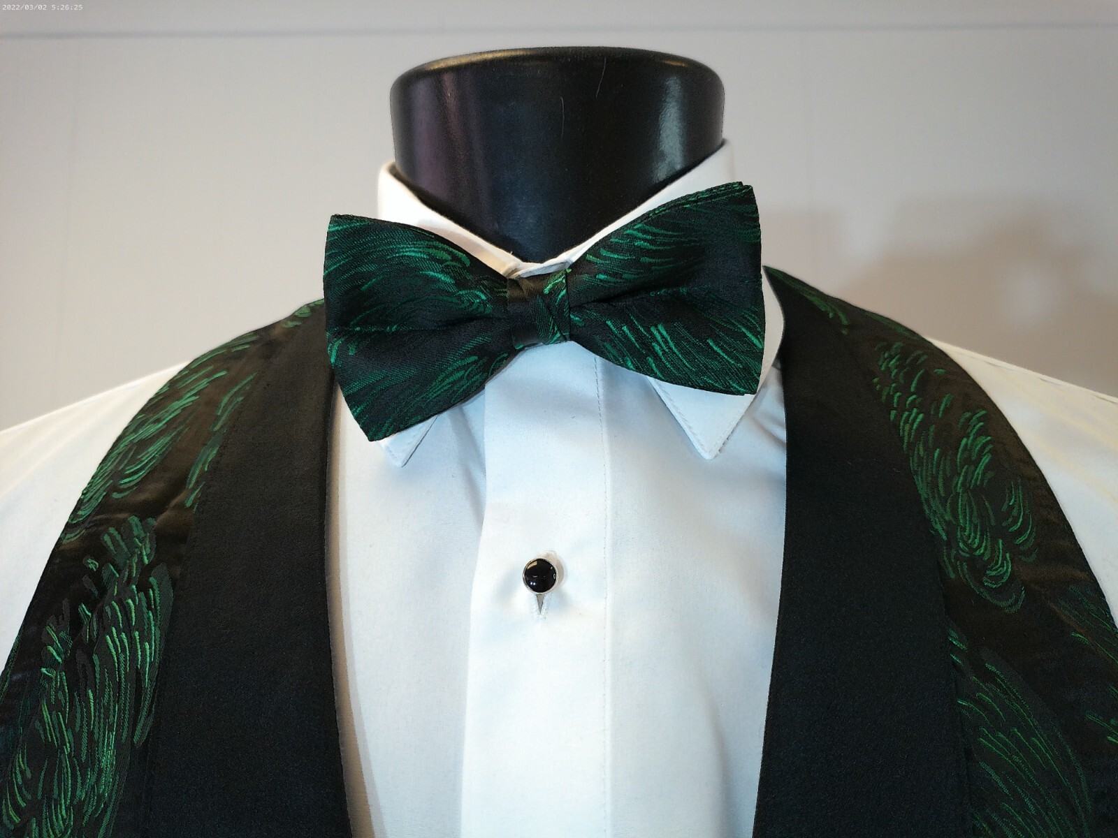 Men's Emerald Backless/Open Back Vest, Pre Tied Bow Tie, and Pocket Square