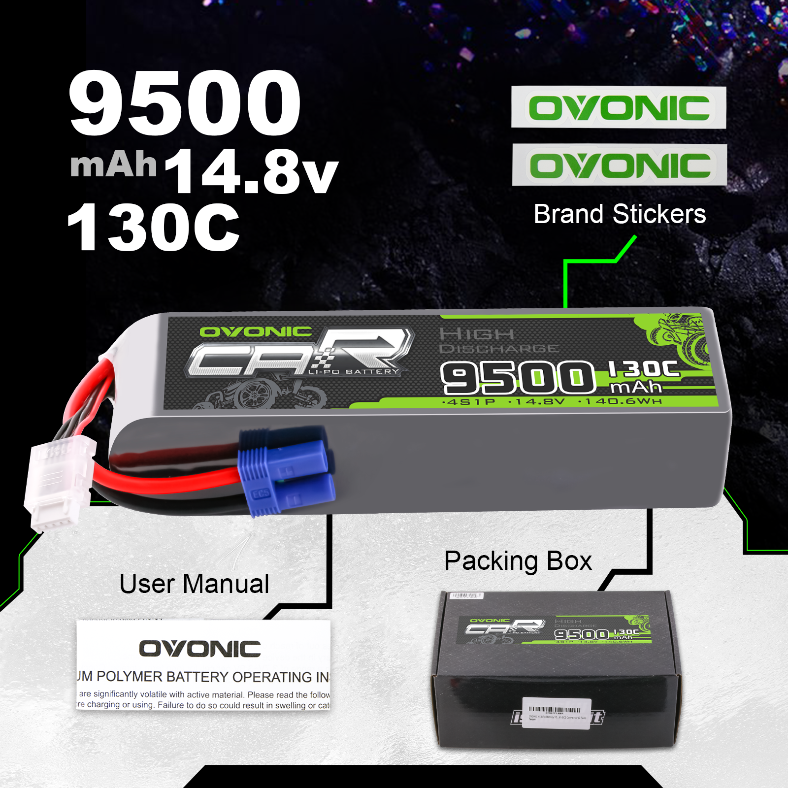 2x Ovonic 14.8V 130C 4S 9500mAh Lipo Battery EC5 for RC Car Airplane Jet Heli