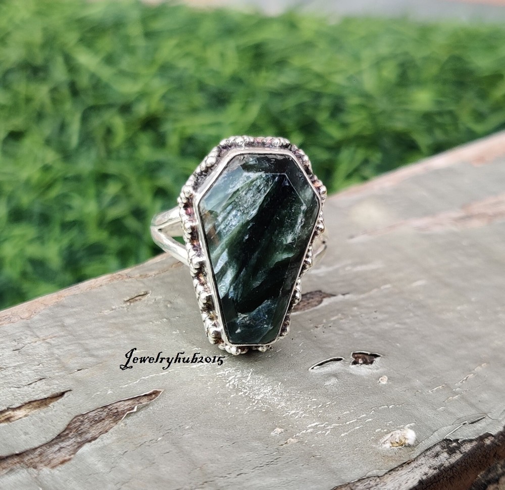 Seraphinite Coffin Gemstone Ring Solid 925 Sterling Silver All Size MO*