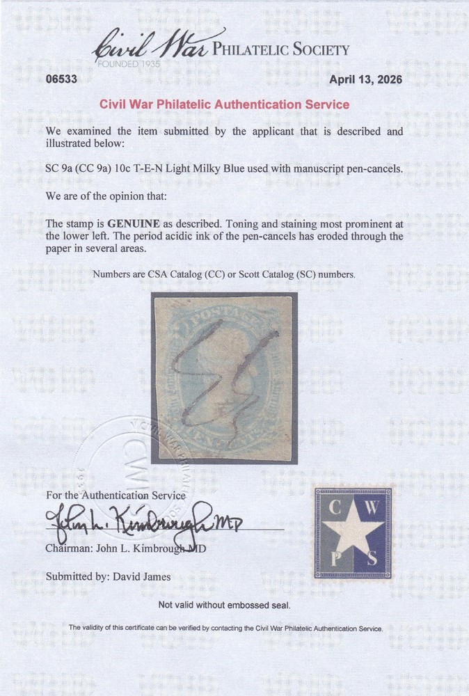 Confederate #9a T-E-N Cent KEY Stamp