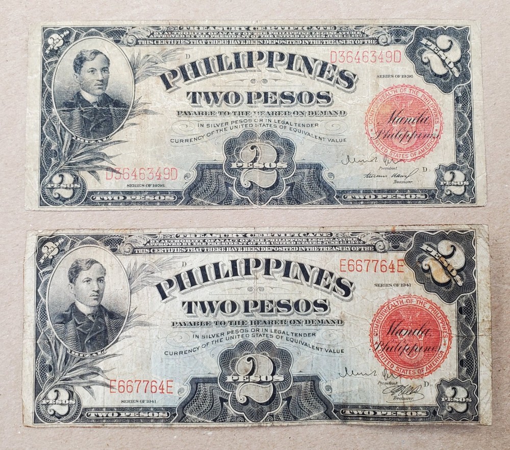 1936 and 1941 Philippines Two Pesos Banknote