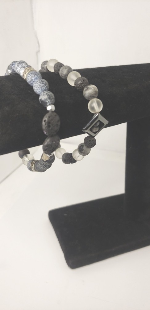 Beaded Stackable Gemstone Bracelet Set| Lava Stone & Cracked Agate Bracelets