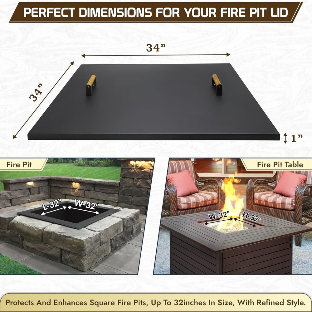 FEBTECH 34" Square Fire Pit Snuffer Lid for 32" FirePit with Wooden Handles