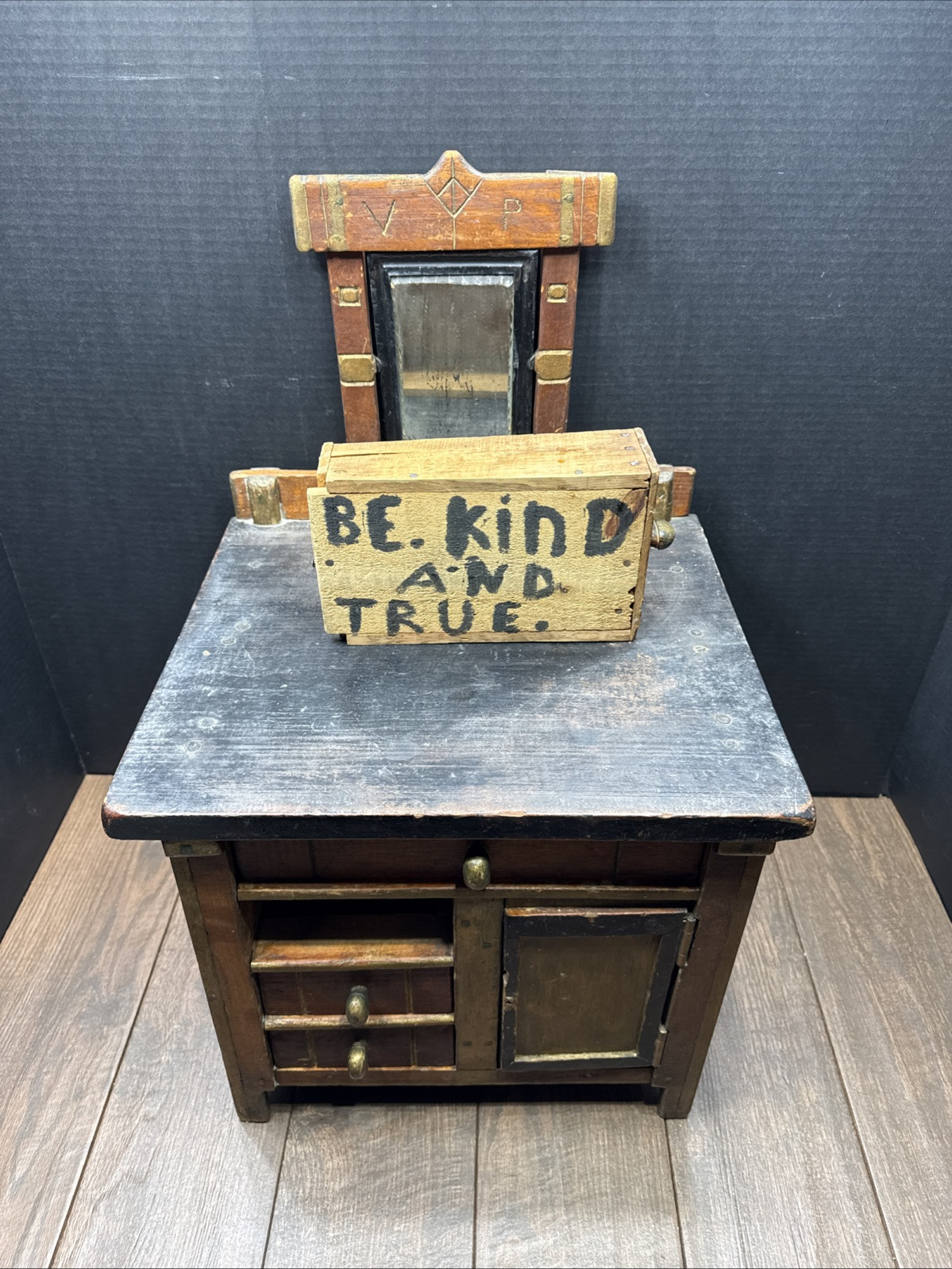 “ ANTIQUE EARLY 1900’s SALESMAN SAMPLE MINATURE FURNITURE DISPLAY WITH MIRROR “