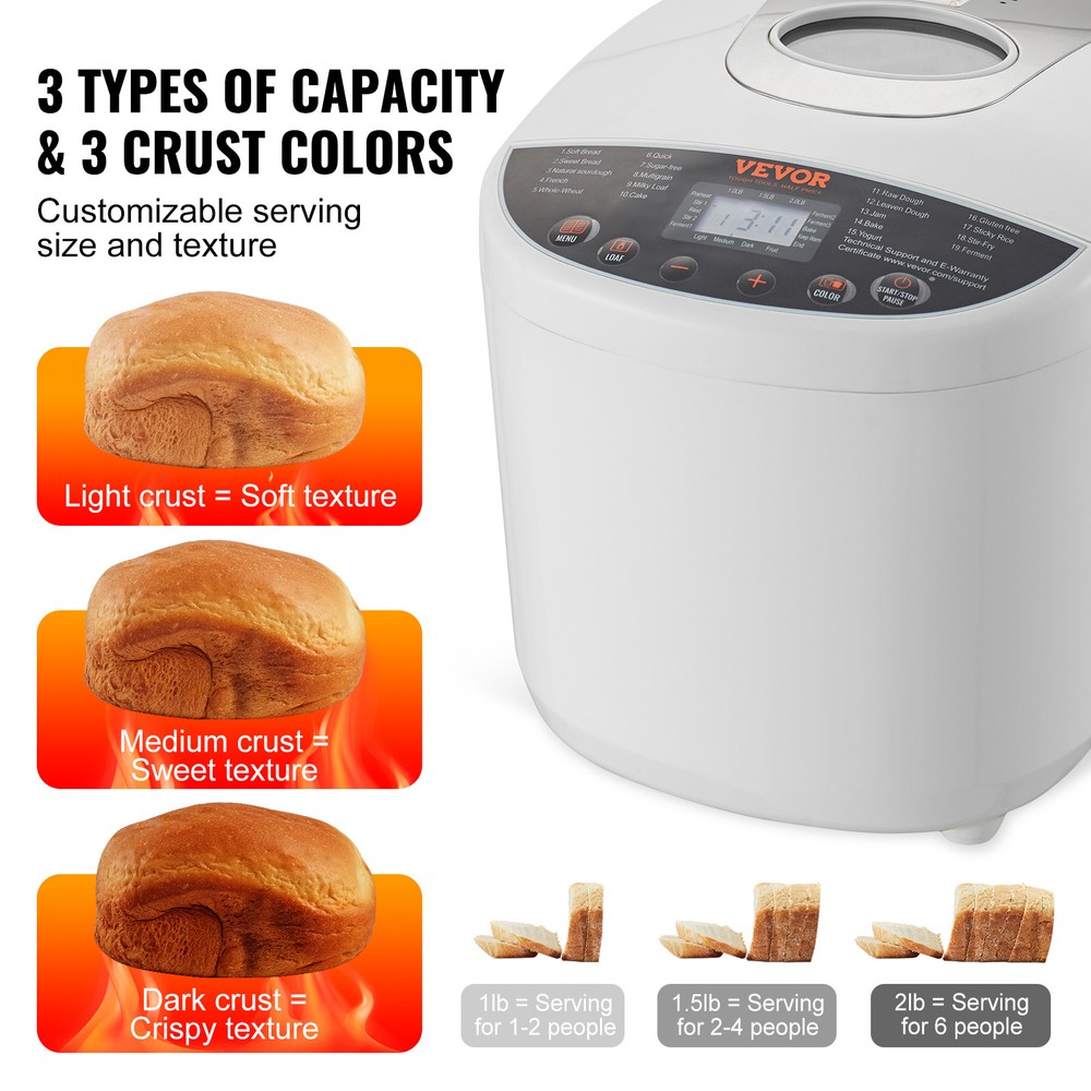 VEVOR 2LB 19-in-1 Bread Maker Automatic Compact Dough Machine Nonstick White
