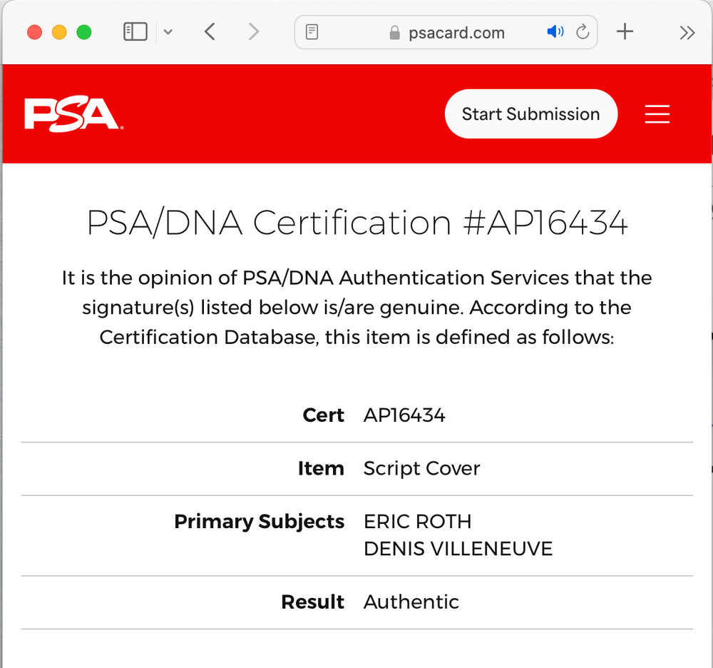DENIS VILLENEUVE & ERIC ROTH SIGNED 110 PAGE DUNE SCRIPT PSA DNA AUTOGRAPH