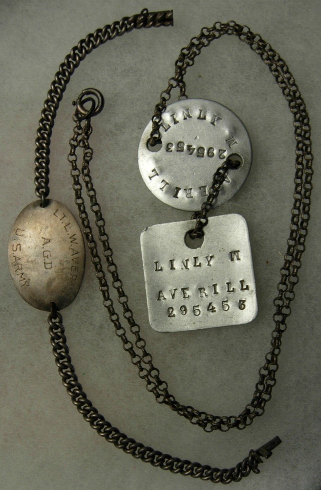 WW1 Dog Tag Set and Officer ID Bracelet - Linly Waverill Co C HQ Bn GHQ AEF