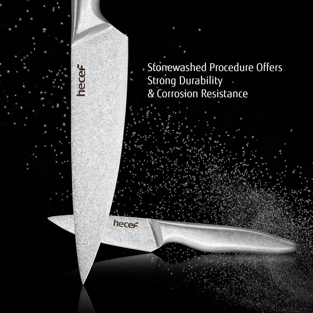 Hecef 11Pcs Knife Set Stonewashed Rustproof Stainless Steel Sharp Cutting Knife