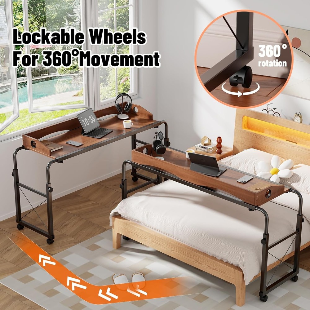 Overbed Table W/ Wheels Overbed Desk W/ Adjustable Length & Height Rolling